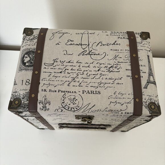 Large French Velvet Lined Jewelry Box Canvas Love Leather Paris Mirror Storage - Picture 3 of 11